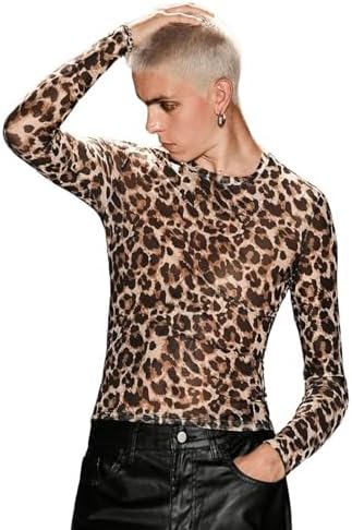 WDIRARA Men's Leopard Animal Print Mock Neck Long Sleeve Fitted